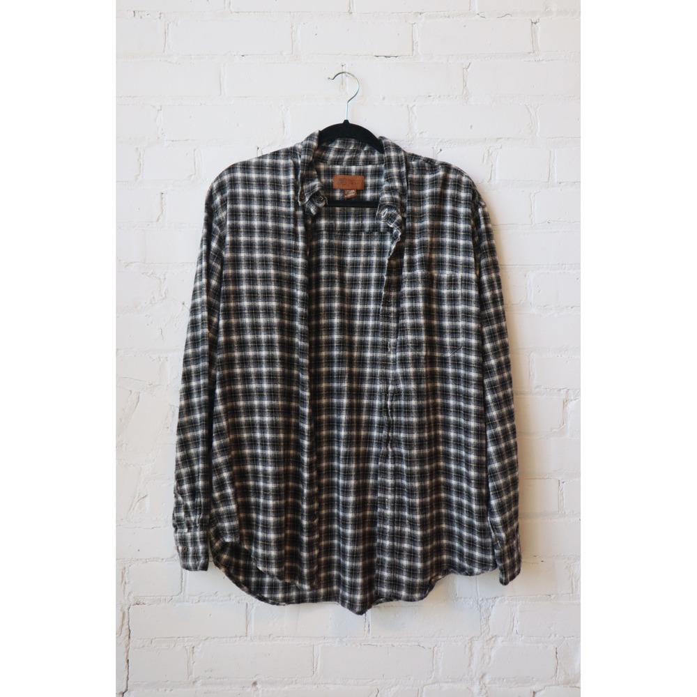 Faded Glory Originals Mens Black White Yellow Plaid Flannel Shirt Large L 42-44